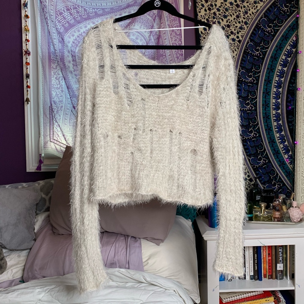 Distressed fuzzy chenille sweater